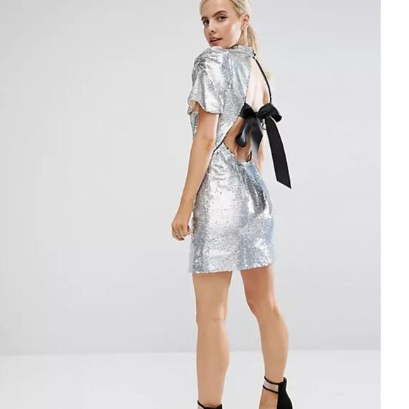 ASOS 80's Sleeve Sequin Iridescent Bow Back Mini Dress 2 - Picture 5 of 12
